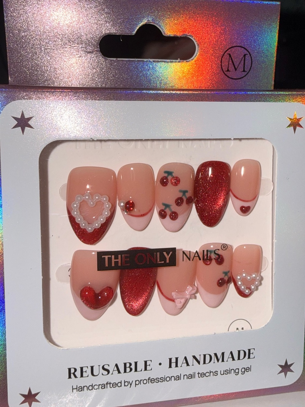The Only Nails Reusable Handmade Pink & Red Cherry Heart Press-On Set
